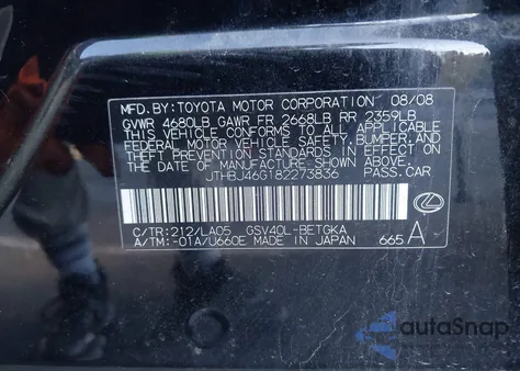 2008 Lexus Es 350 из США, поврежденный, VIN JTHBJ46G182273836